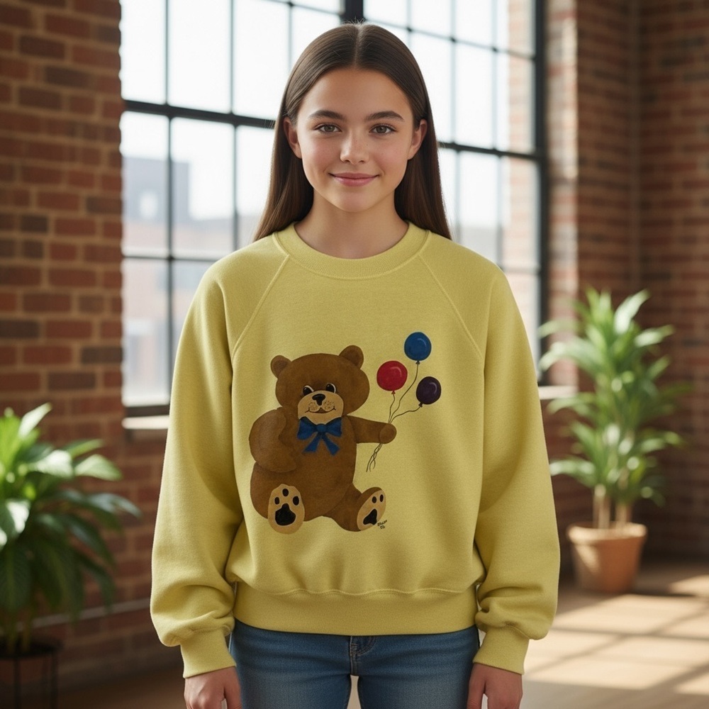 Vintage 80’s Bassett Walker Pale Yellow/Teddy Bear  Crewneck Sweatshirt Sz 10/12